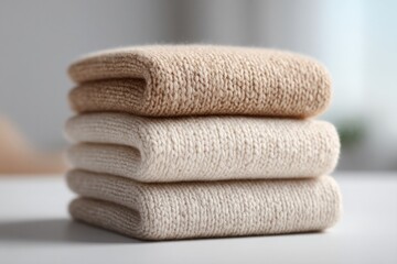 minimalistic arrangement of neatly folded home textiles in soft neutral tones on white surface