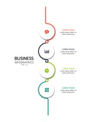 Business infographic template featuring four vertical, connected semi-circles with a gradient outline from red to teal. Each semi-circle contains an icon and placeholder text.