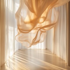 Sheer fabric drapes elegantly, illuminated by sunlight streaming through windows in a light-filled room
