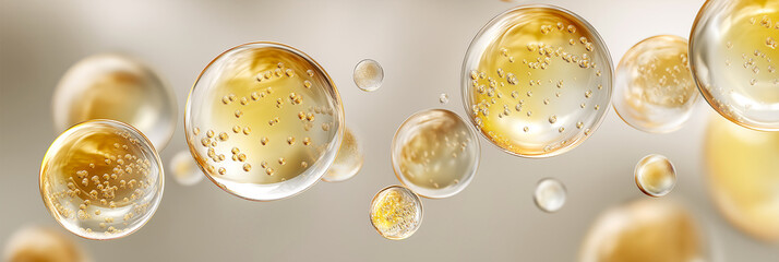Several translucent spheres filled with golden liquid and tiny bubbles float against a softly blurred background, creating a luminous and detailed abstract effect.