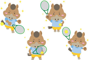 テニスを楽しむかわいいウマのキャラクター｜2026年・午年の干支イラスト