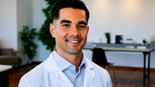 Smiling young male chiropractor in white coat with stethoscope standing in bright clinic with wooden floor and bookshelves in soft focus background