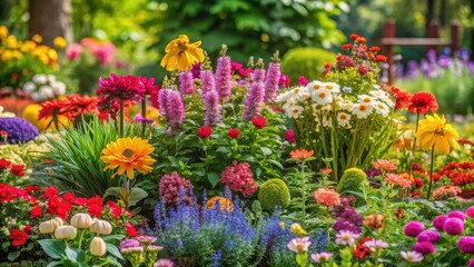 Obraz premium Colorful flowers in a decorative flowerbed with a mix of tall and short plants, flowers, plant species