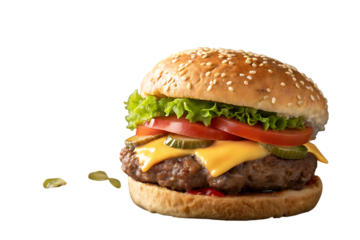 A close up shot of a cheeseburger 