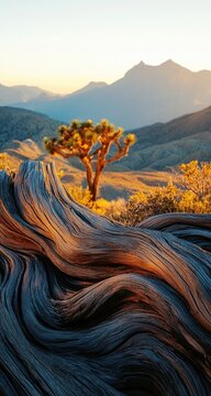 Desert Sunset with Joshua Tree, and Wood.