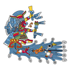 Chalchiuhtlicue, Aztec goddess of water, rivers, seas, streams, storms, and baptism. Her name means She of the Jade Skirt. She is patroness of childbirth, associated with fertility in Aztec mythology.