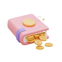 3D Cartoon Wallet with Golden Coins Flowing, Wealth Management Concept