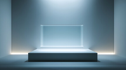 A sleek, modern interior featuring a large glass display case on a minimalist white pedestal, illuminated by soft overhead lighting, creating a futuristic and sophisticated atmosphere.