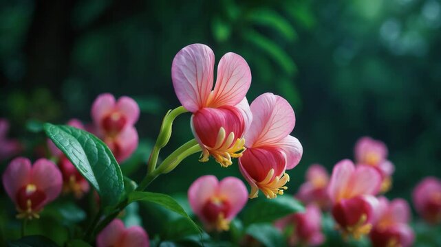 Asian bleeding-heart flower in detail with a dark green backdrop