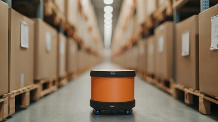 WMS Automation for Efficiency Concept. This image showcases a sleek autonomous delivery robot navigating the aisles of a modern warehouse, surrounded by stacked cardboard boxes.