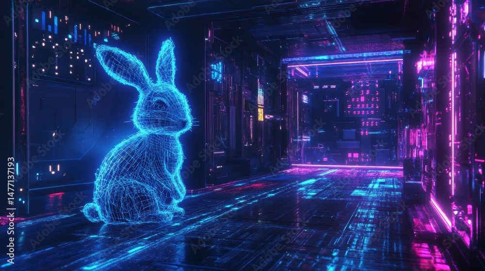 Aufkleber Neon-lit hallway with a glowing wireframe rabbit.