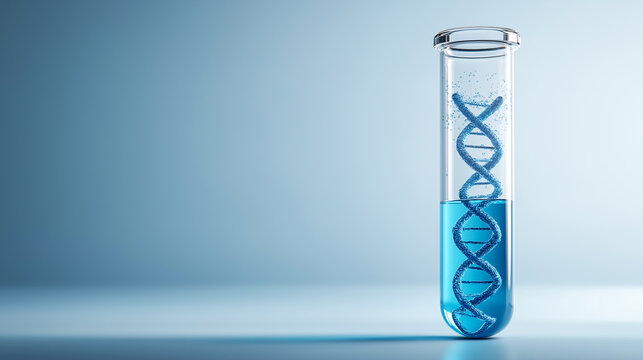 A test tube filled with vibrant blue liquid, featuring a suspended DNA double helix, symbolizing genetic research, biotechnology, and scientific advancements.