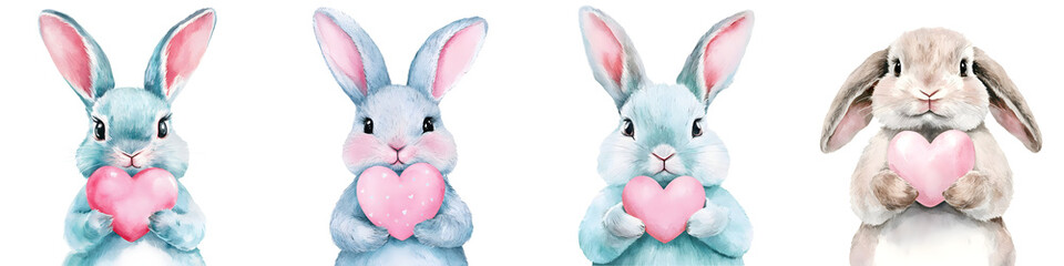 Obraz premium Cute watercolor bunnies holding pink hearts, perfect for Easter and spring celebrations, featuring adorable pastel shades, charming expressions, and playful themes.