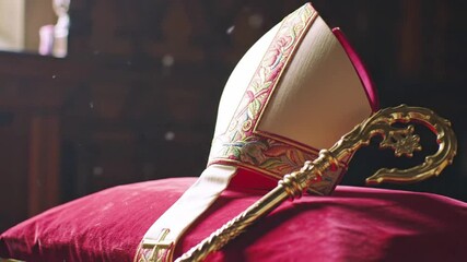 Ornate ceremonial bishop headdress and staff rest on red velvet cushion in light.
