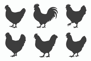 Fototapeta premium Six Silhouettes of Chickens and Roosters Farm Animals