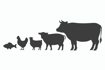 Fototapeta premium Silhouette Farm Animals Set Cow Sheep Chicken Fish