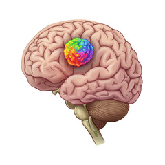 Conceptual artwork of a human brain with a colorful growth on its surface