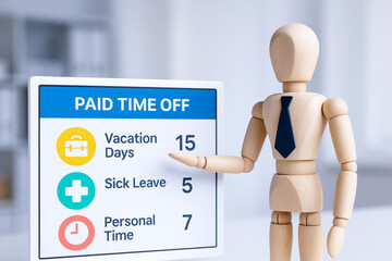 Employee benefits include paid time off with vacation days sick leave and personal time shown on modern office display