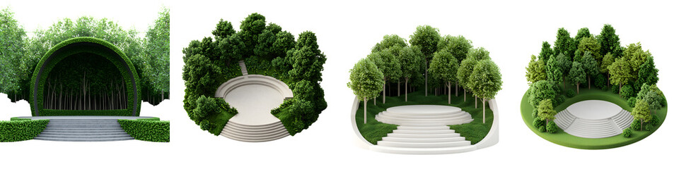 Tranquil and inviting garden stages surrounded by lush greenery, featuring various arch designs and naturalistic elements, perfect for outdoor events and performances in a serene environment.
