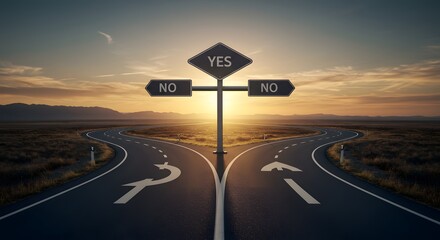 Making Decisions with Road Forking, Signs Reading Yes and No at Sunset