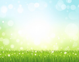 Obraz premium Wiosenne tło bokeh z zieloną trawą i niebieskim niebem