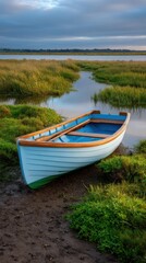 Obraz premium Pastel boat rests on shore near grassy waterways serene countryside early light calm scenic tranquil nature recreation