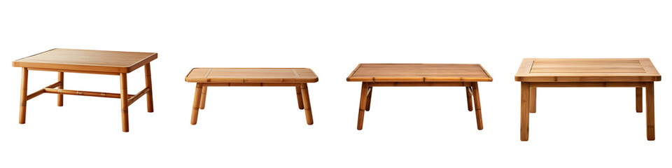 Fototapeta premium A collection of elegant wooden coffee tables showcasing various designs, featuring natural materials and durable finishes, suitable for home decor and modern interiors.
