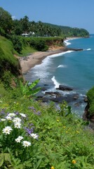Obraz premium Coastal Cliffside View of Tropical Beach Scenery with Palm Trees and Ocean Waves under a Blue Sky Vacation Paradise