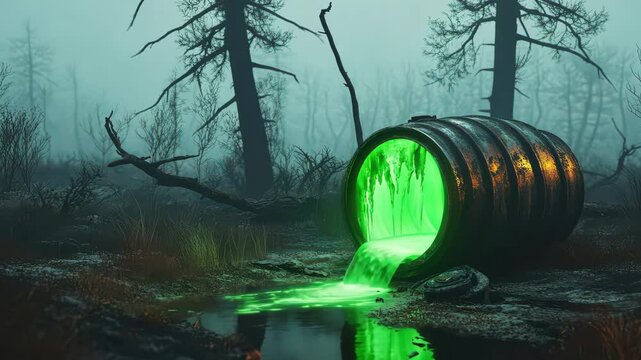 Rusty barrel leaking glowing green toxic sludge in eerie dead forest, symbolizing environmental pollution and ecological disaster.