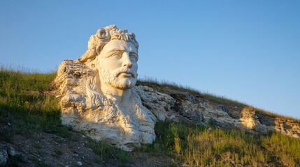 Obraz premium Serene, colossal head sculpture carved into hillside, bathed in golden sunlight