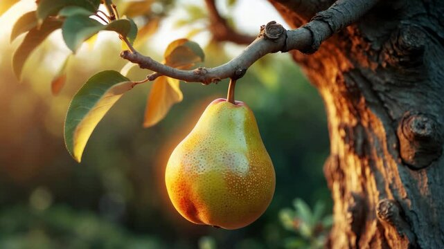 Ripening pear on a tree. Close-up of the fruit stage.