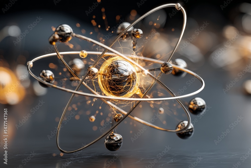Poster model of an atom with electrons orbiting around the nucleus, showcasing energy and movement in a det