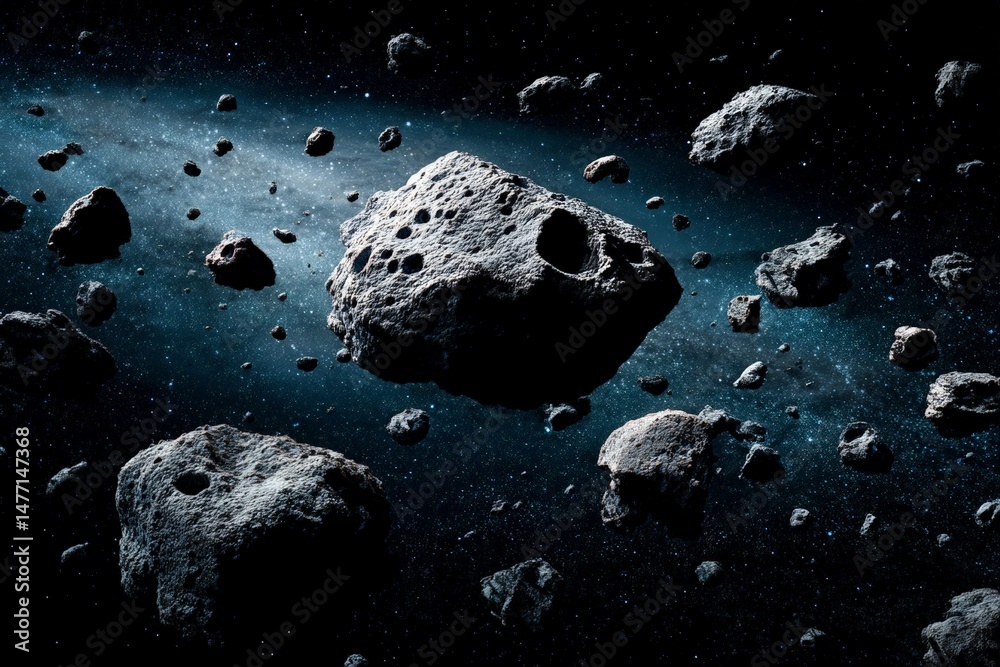 Poster Exploring a dense asteroid belt floating in the vastness of outer space during a cosmic journey