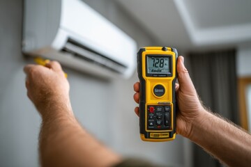 Plakat HVAC technician inspecting an air conditioner with a digital anemometer, ensuring optimal performance and energy efficiency in a residential setting for homeowner comfort