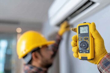 A technician wearing a safety helmet checks the air conditioner with a yellow measuring tool, making sure the system is in perfect working order and delivering optimal performance.