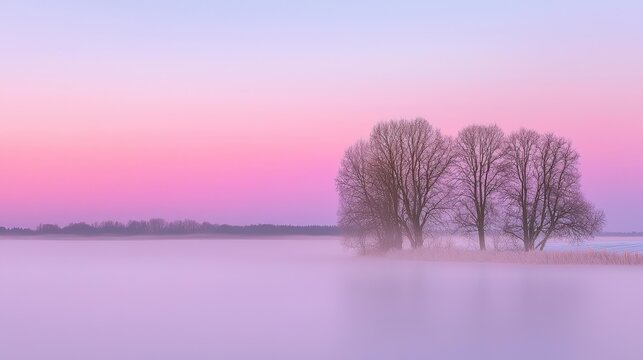 Ethereal winter landscape with bare trees shrouded in fog at serene twilight and pink sky backdrop - Powered by Adobe