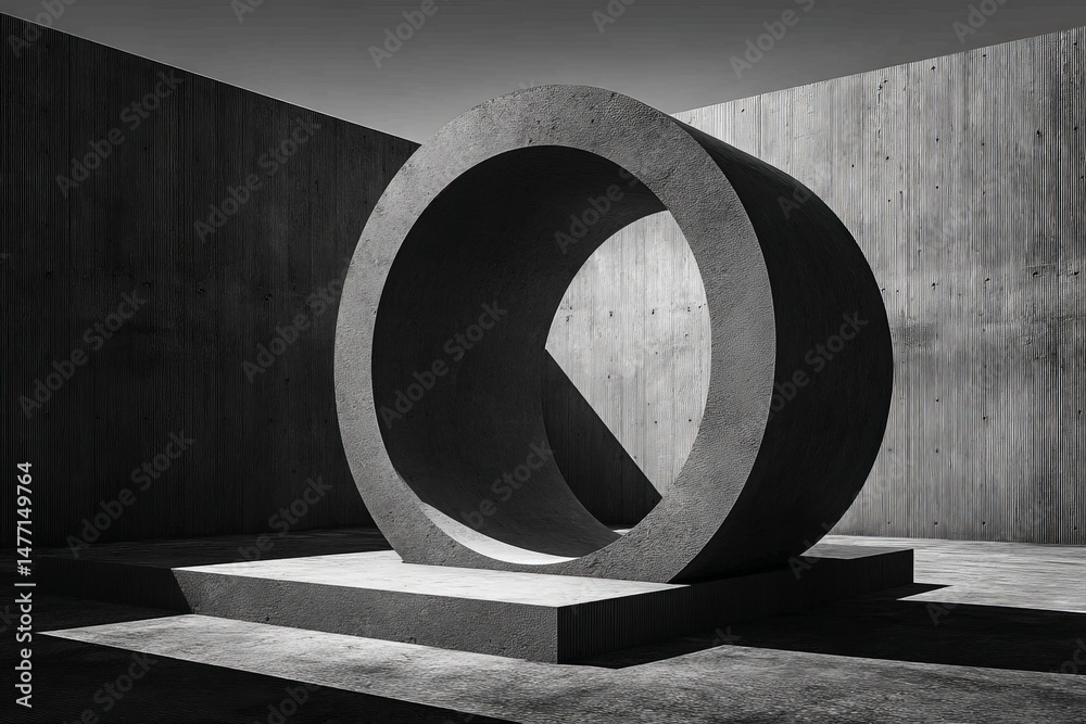 Poster sculptural concrete installation features a large circular form set against a textured wall at an ar