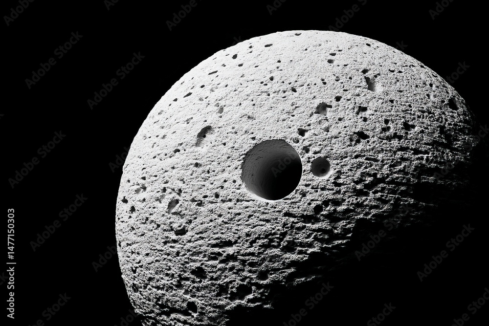 Poster lunar-like celestial body with crater features and a distinct hollow section under a dark background