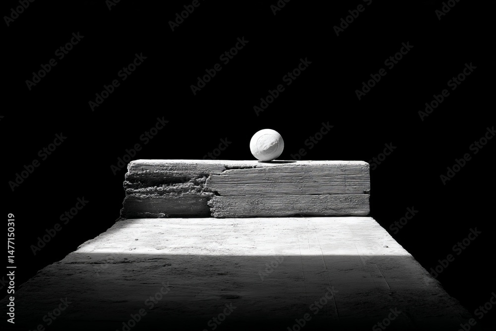 Fototapete wooden block supporting a single ball in a dark setting highlights contrast and minimalism in a uniq