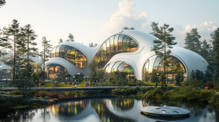 Obraz premium Futuristic building complex nestled within a tranquil forest setting.
