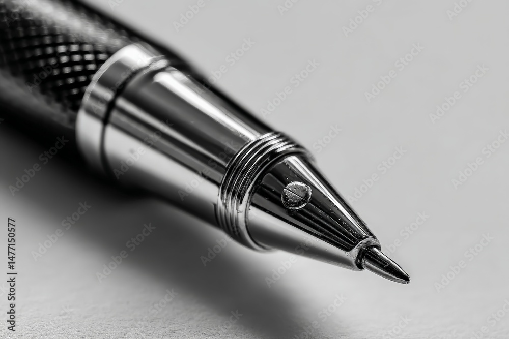 Poster close-up view of a metallic pen showcasing intricate design and craftsmanship on a smooth surface