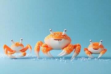 Three cartoon crabs playfully interacting on a vibrant blue background with bubbles, evoking joy