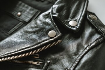 Close-up view of detailed leather jacket showcasing zippers and metal buttons