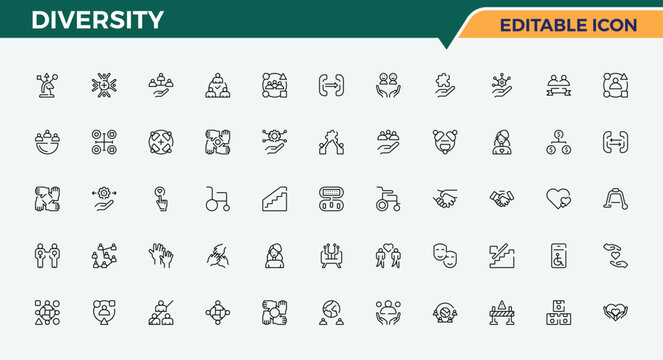 Diversity line icon set. Contain linear symbols human, difference, equality, culture, variety and more. Equality icon set. Minimal icons set. Editable stroke. Vector collection.