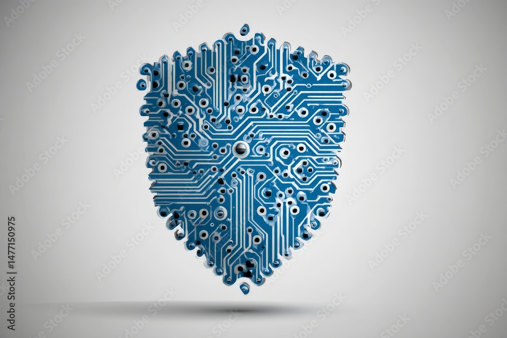 Poster Intricate blue circuit board pattern formed as a shield representing digital security and protection in technology