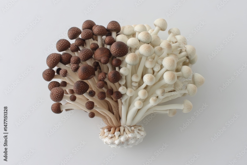 Poster variety of fresh mushrooms displayed on a neutral background in a kitchen setting