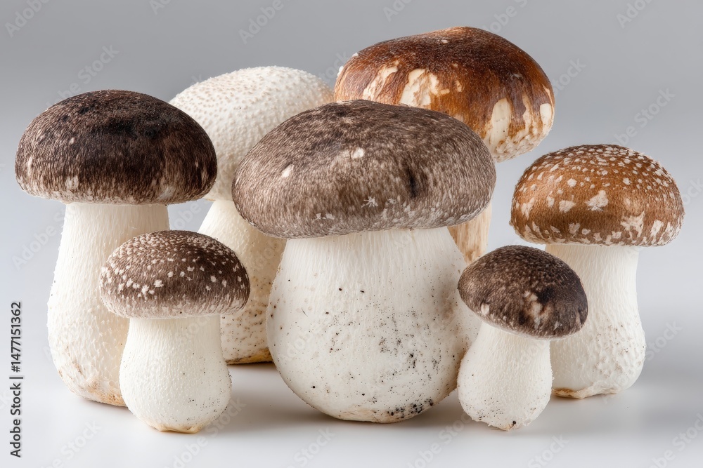 Poster Assorted fresh mushrooms arranged on a light background showcasing their unique shapes and textures