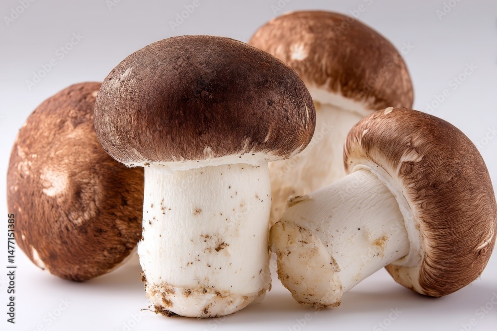 Aufkleber Fresh brown mushrooms displayed on a plain surface in a well-lit setting ideal for culinary use