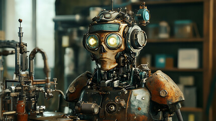 A vintage-style robot with glowing eyes stands in a cluttered workshop filled with tools and gadgets