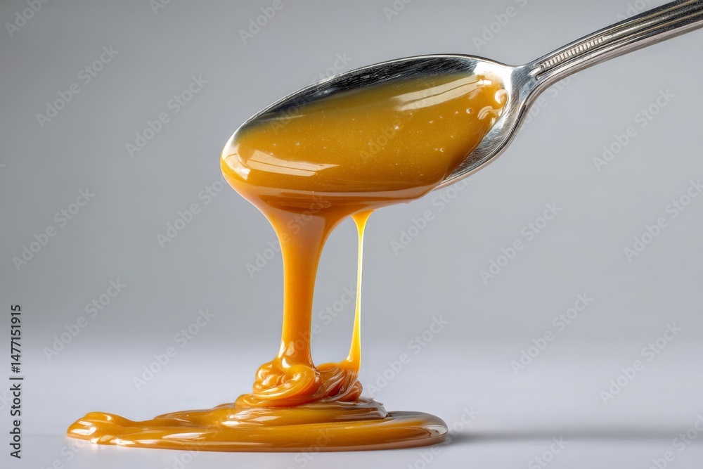 Poster golden caramel sauce drips from a silver spoon creating an enticing pool on a white surface in a wel